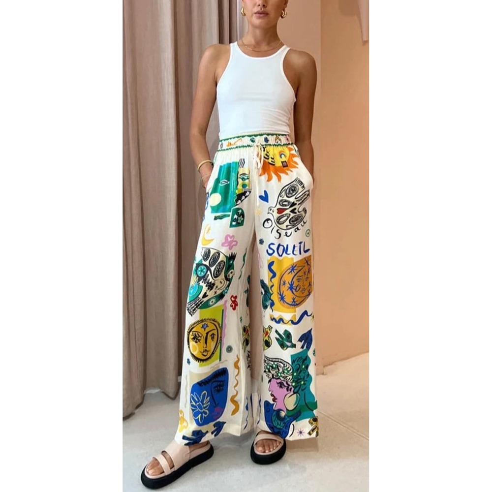 Oversized Wide Leg Pants Soleil Graffiti Print Women's Size 4XL Avant Garde Bold